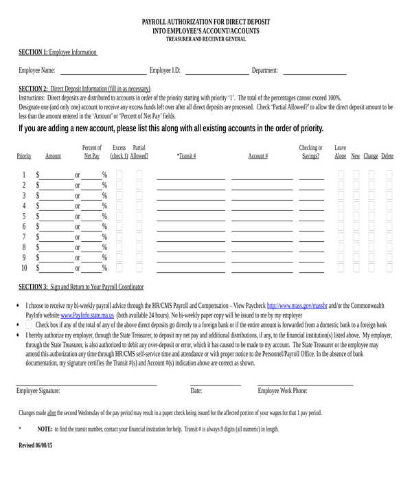 payroll direct deposit authorization form