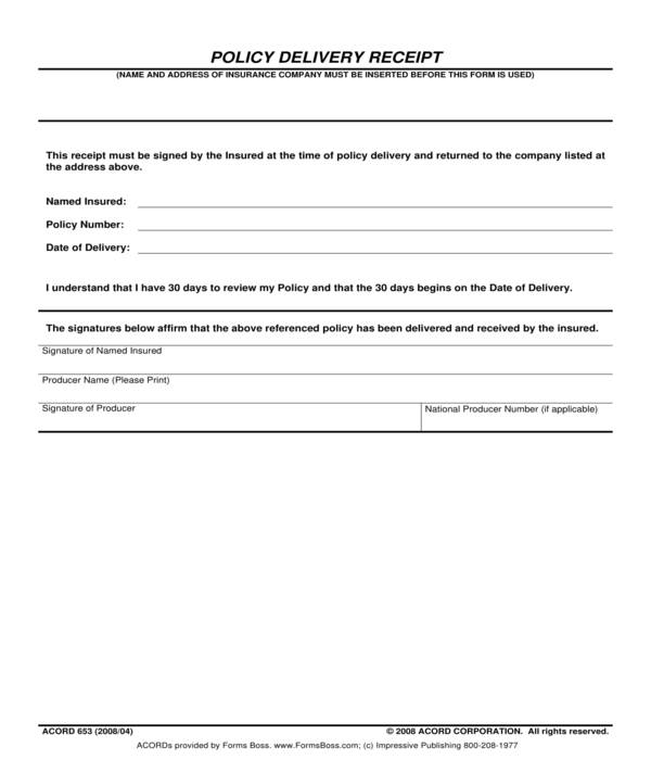 policy delivery receipt template form