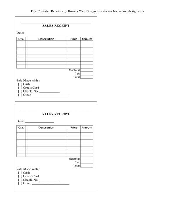 printable sales receipt form template