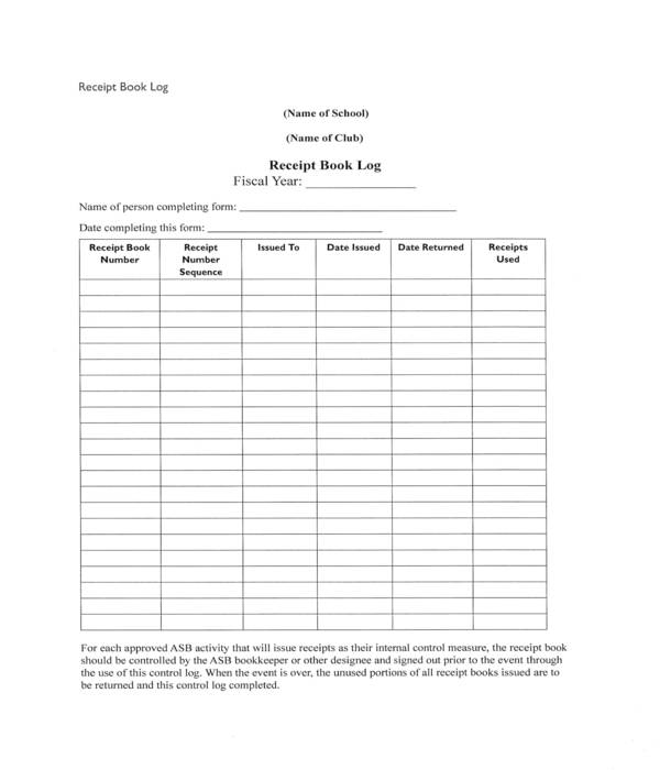 receipt book log template