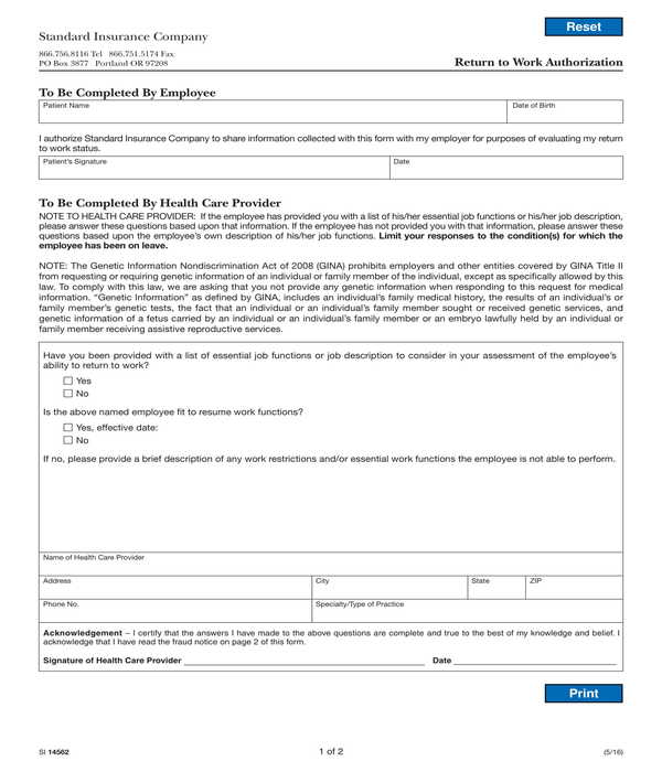 Return To Work Authorization Form