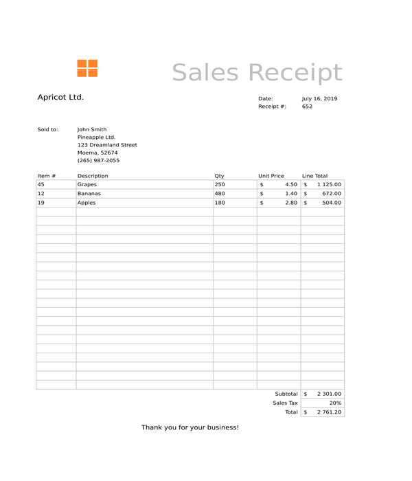 sales receipt form template in xls