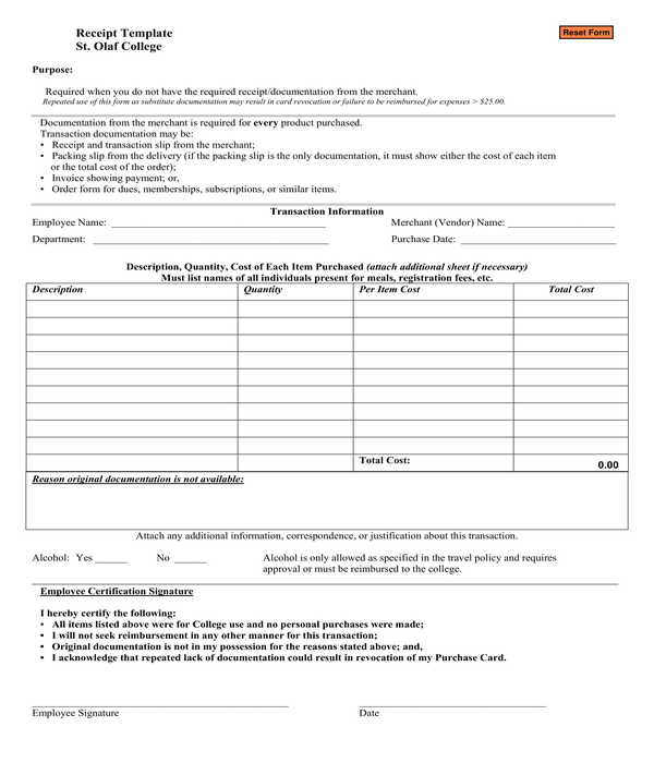 school receipt template form sample