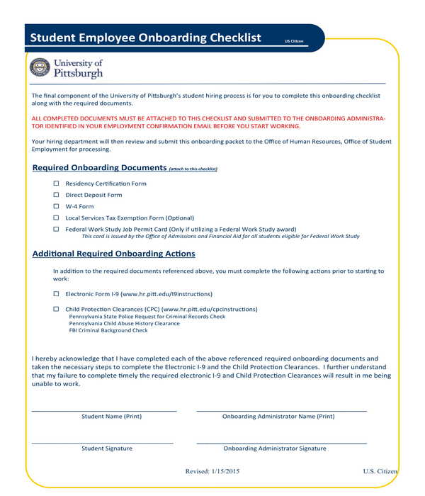 student employee onboarding checklist form