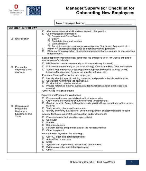 supervisor new employee onboarding checklist form