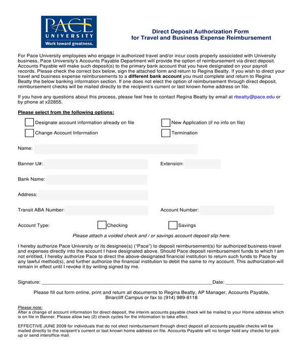 travel expense direct deposit authorization form
