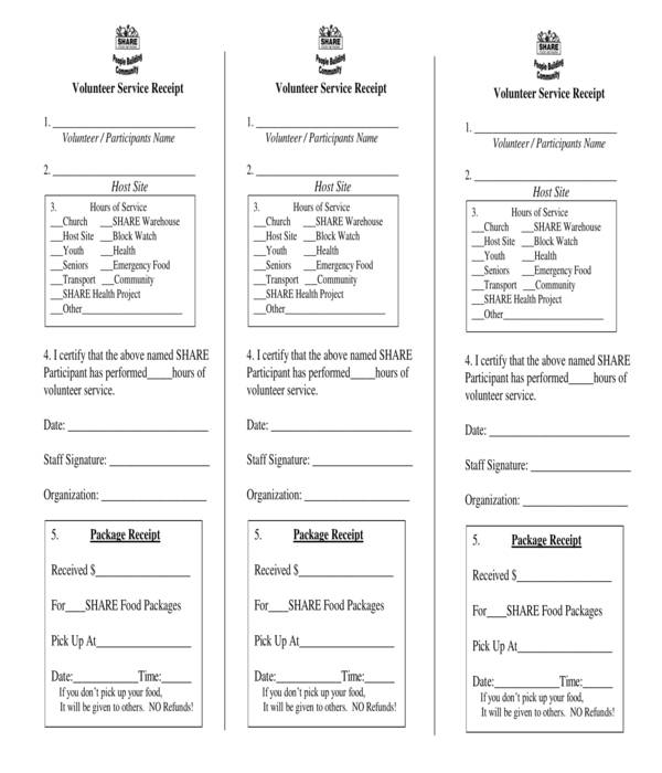 volunteer service receipt form template