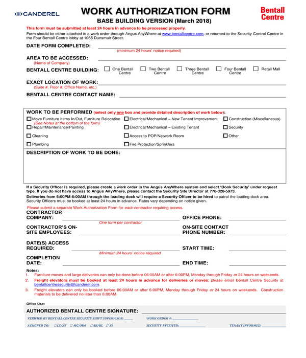 work authorization form sample