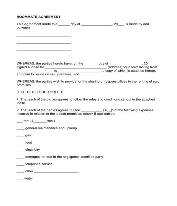 basic roommate rental agreement form