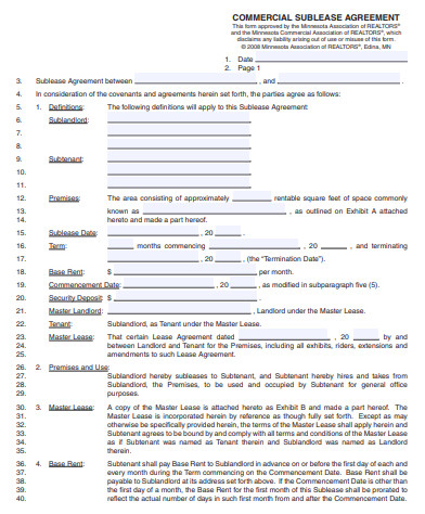 commercial sublease agreement form