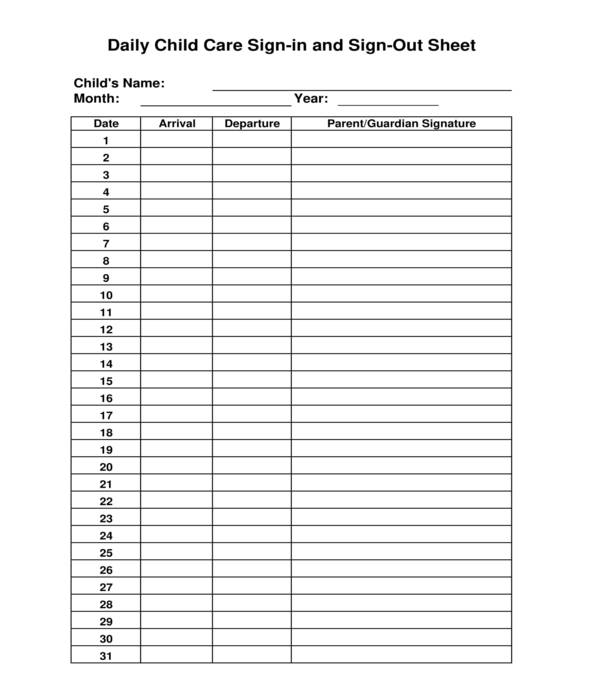 Free 5 Daycare Sign In Sheets In Pdf Ms Word