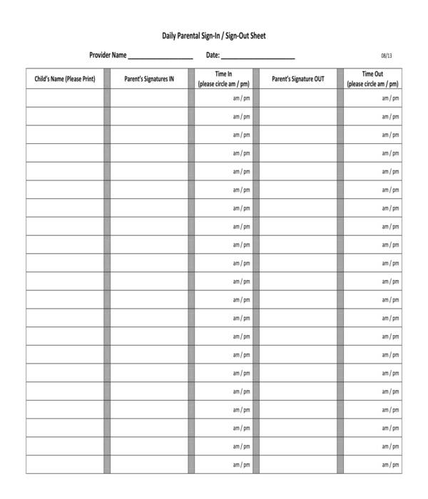 daily parental sign in sheet