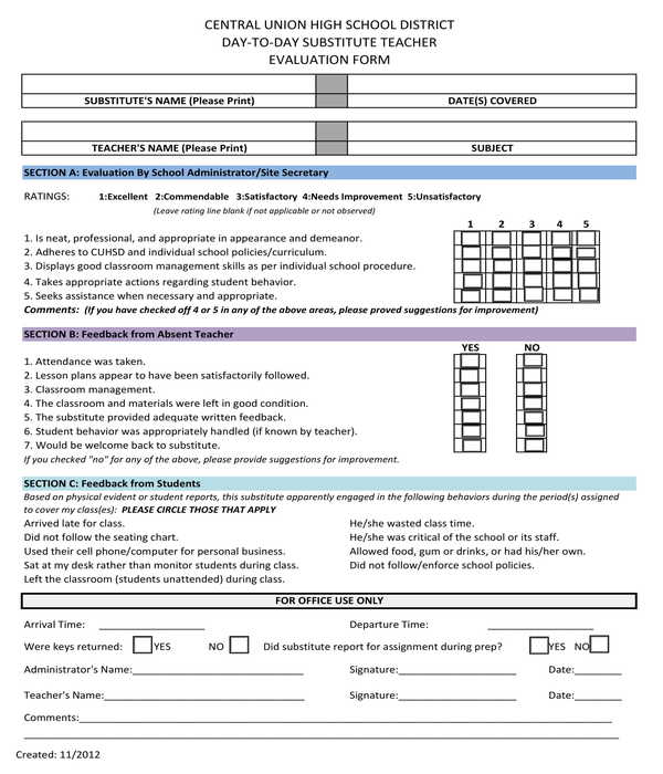 day to day substitute teacher evaluation form