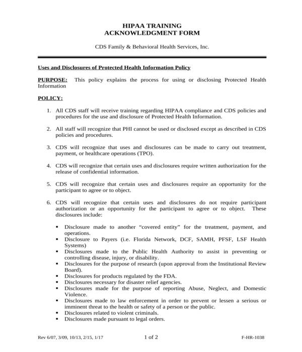 hipaa employee training acknowledgment form template