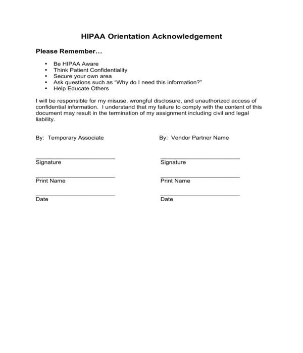 hipaa orientation employee acknowledgment form