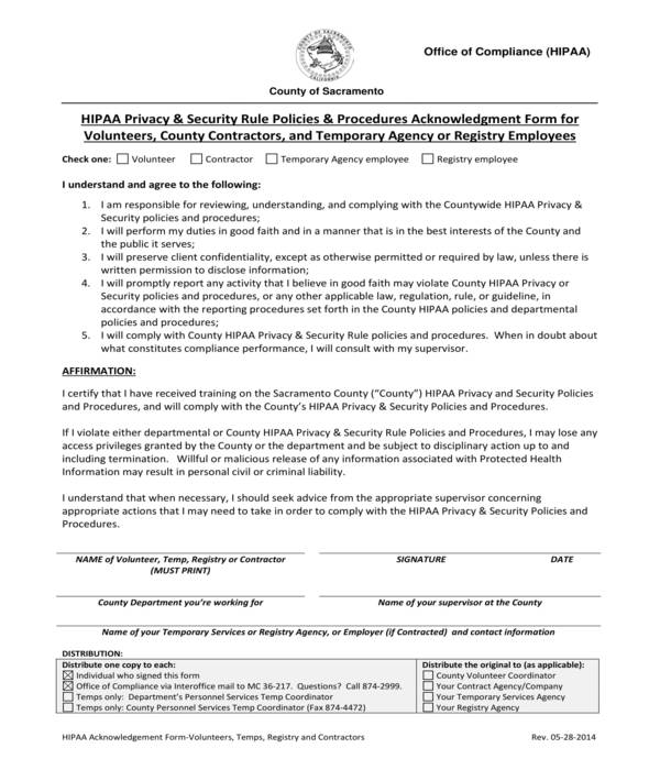 Free 6 Hipaa Employee Acknowledgment Forms In Pdf Ms Word