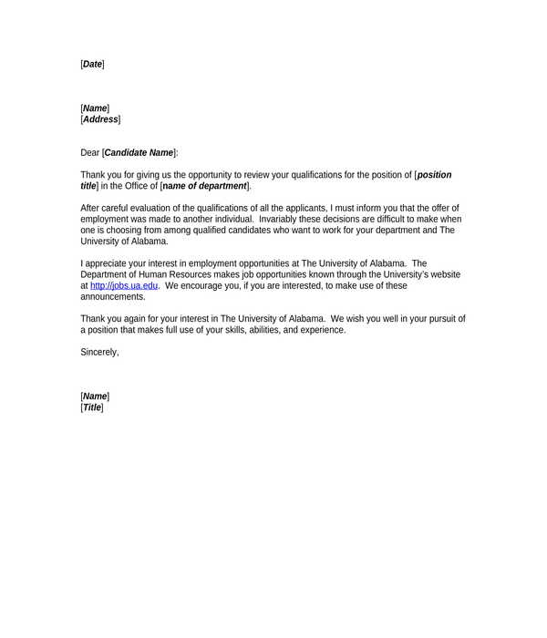 hr rejection letter template