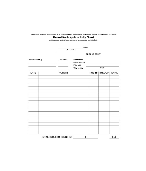 parent tally sign in sheets