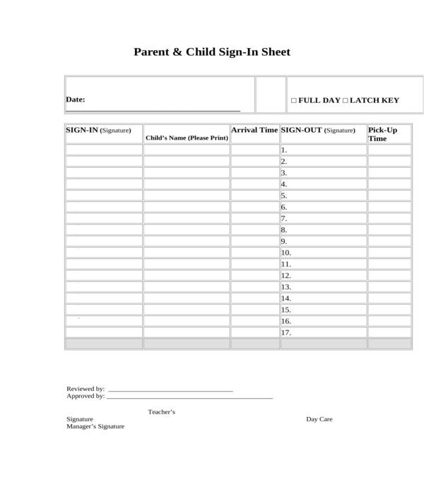 parent and child sign in sheet