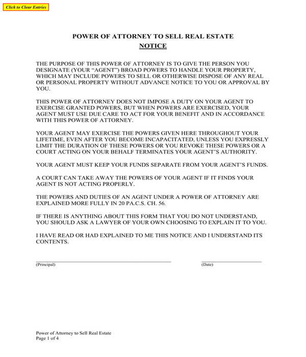 real estate sale power of attorney notice form
