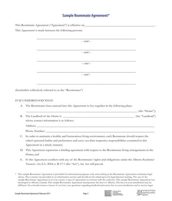 roommate rental agreement form sample