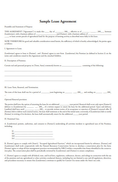 sample lease agreement form