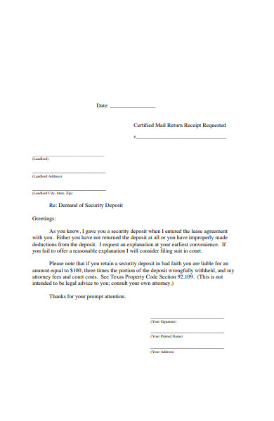 security deposit return letter example