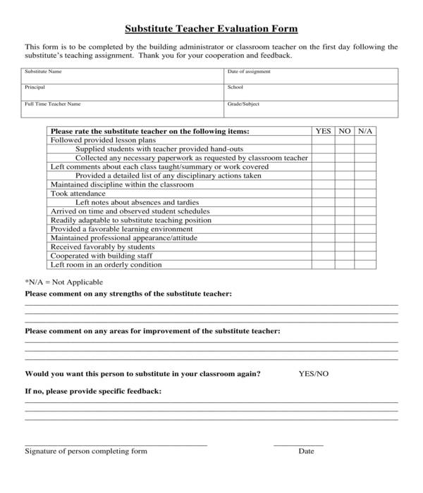 substitute teacher evaluation form sample