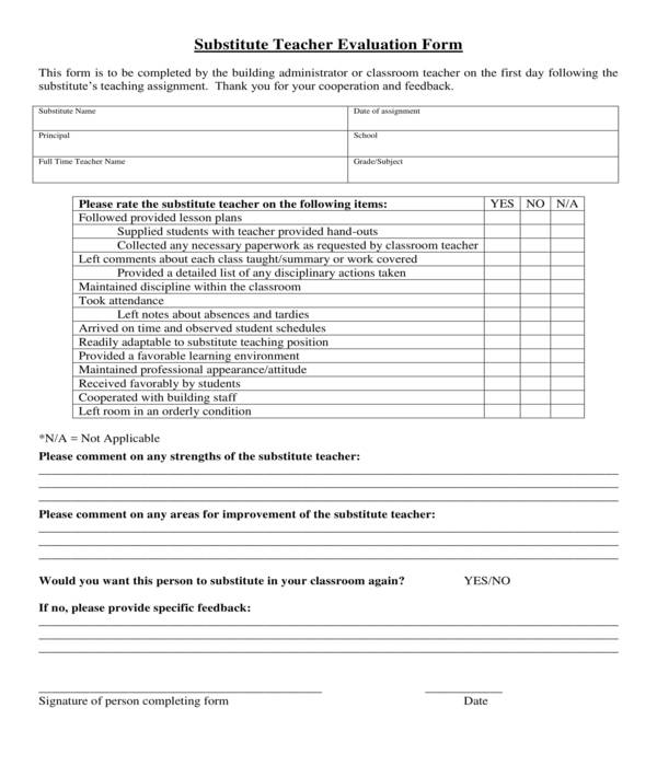 FREE 5 Substitute Teacher Evaluation Forms In PDF MS Word Excel