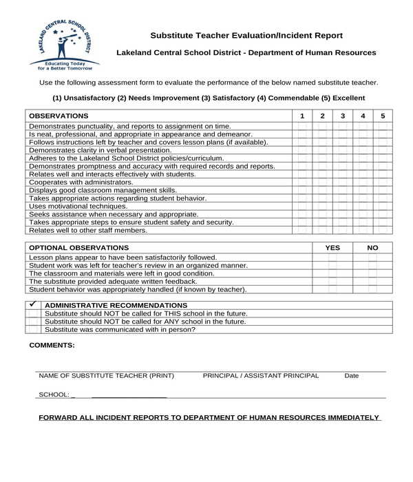 substitute teacher evaluation incident report form