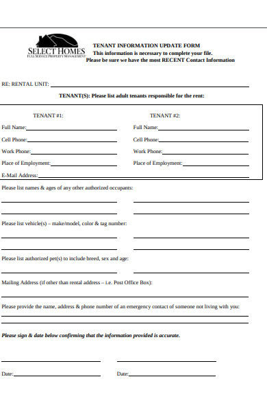 tenant updatwe information form