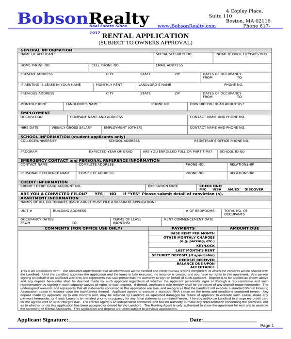 apartment rental application form in doc