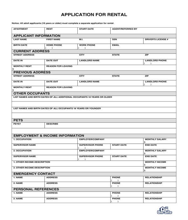 basic apartment rental application form