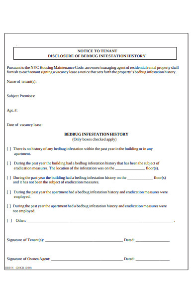 bedbug infestation disclosure form