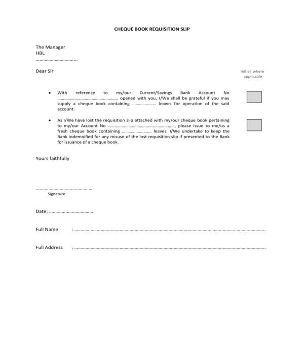 cheque book requisition slip form