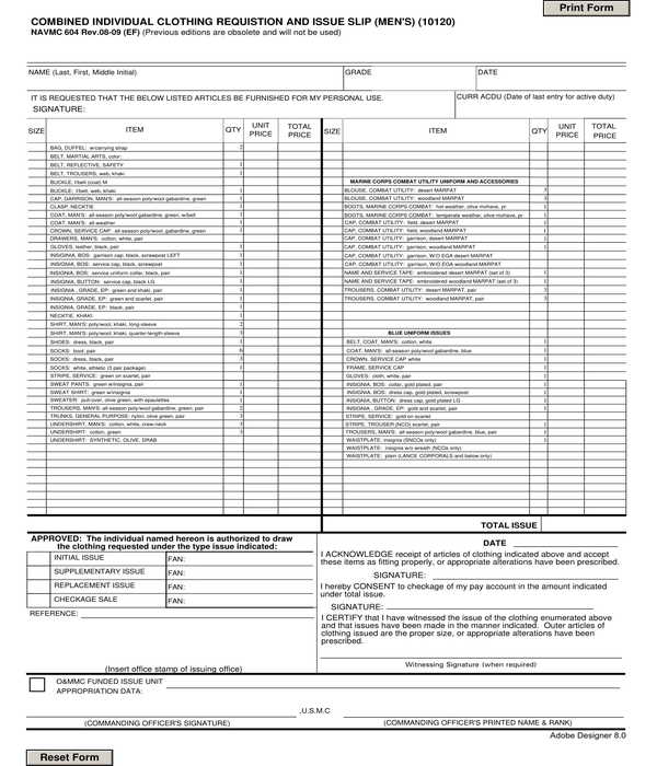 clothing requisition and issue slip form