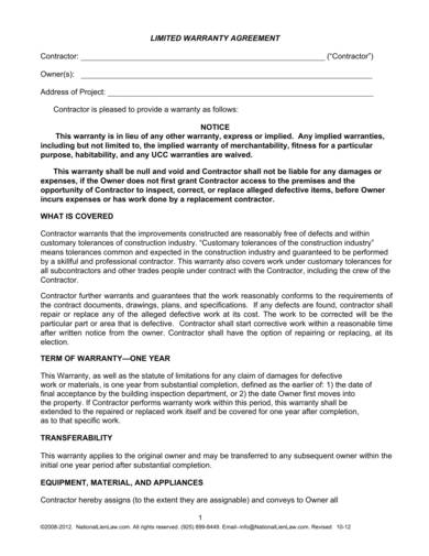 contractor limited warranty agreement form