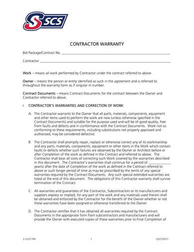 contractor warranty form template