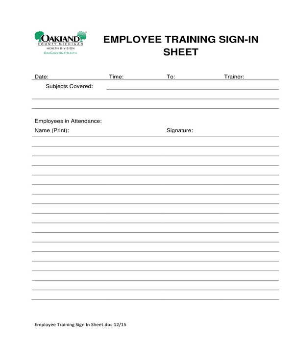 employee training sign in sheet