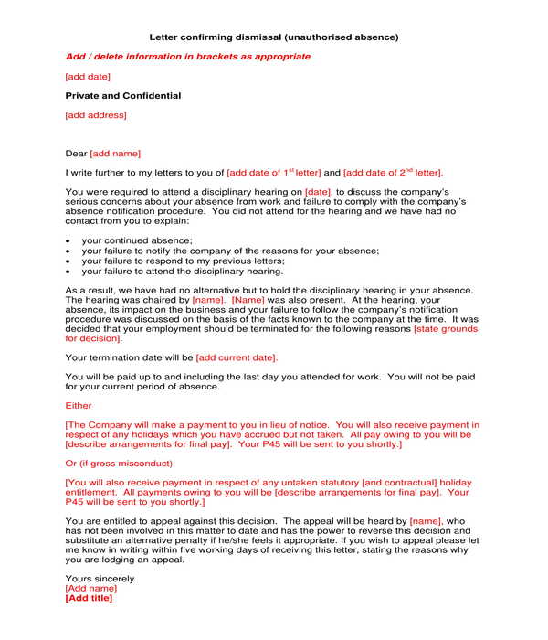 employment termination dismissal confirmation letter