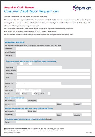 experian australia credit report request form