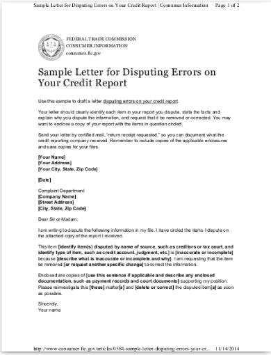 federal trade commission sample credit dispute letter