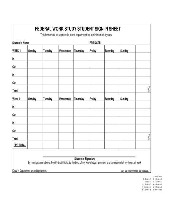 federal work study student sign in sheet