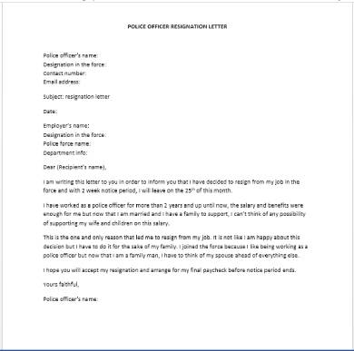 fillable police officer resignation letter