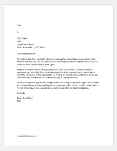 Resign Letter Due To Health Reasons from images.sampleforms.com