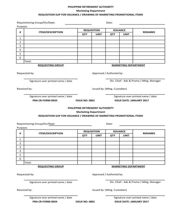 promotional items issuance requisition slip form