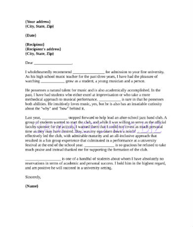recommendation letter college admission