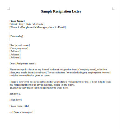 Resignation Letter Template Doc from images.sampleforms.com