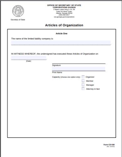 FREE 9  Articles Of Organization Forms in PDF
