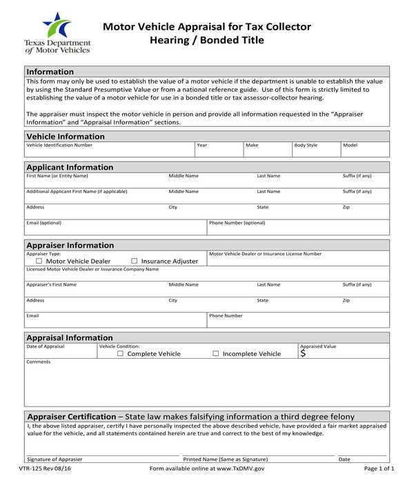 tax collector motor vehicle appraisal form